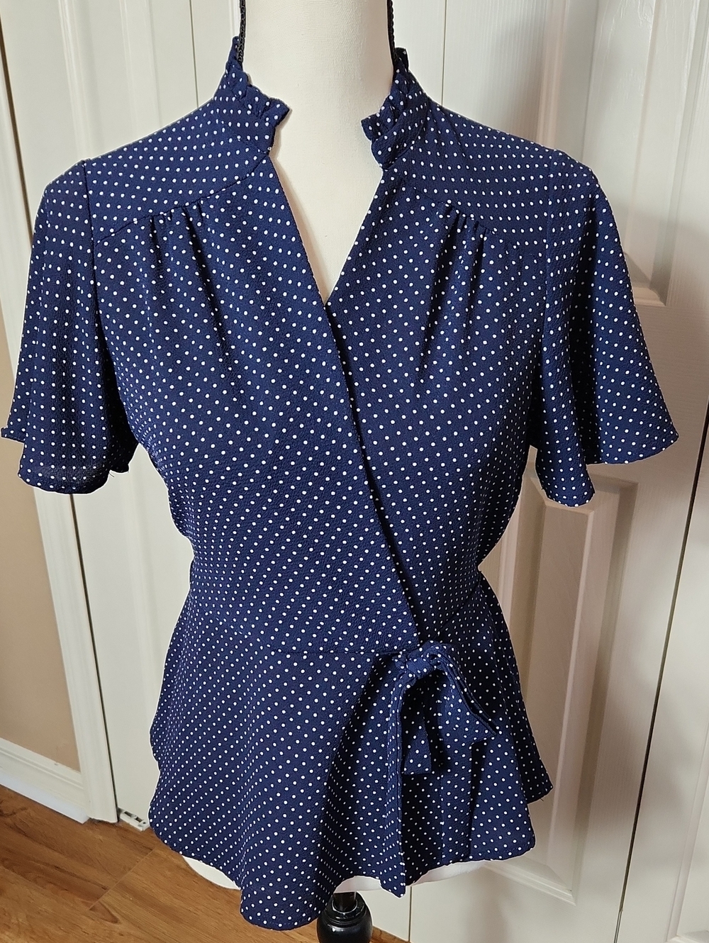 Monteau Navy and White Polka Dot Wrap Blouse